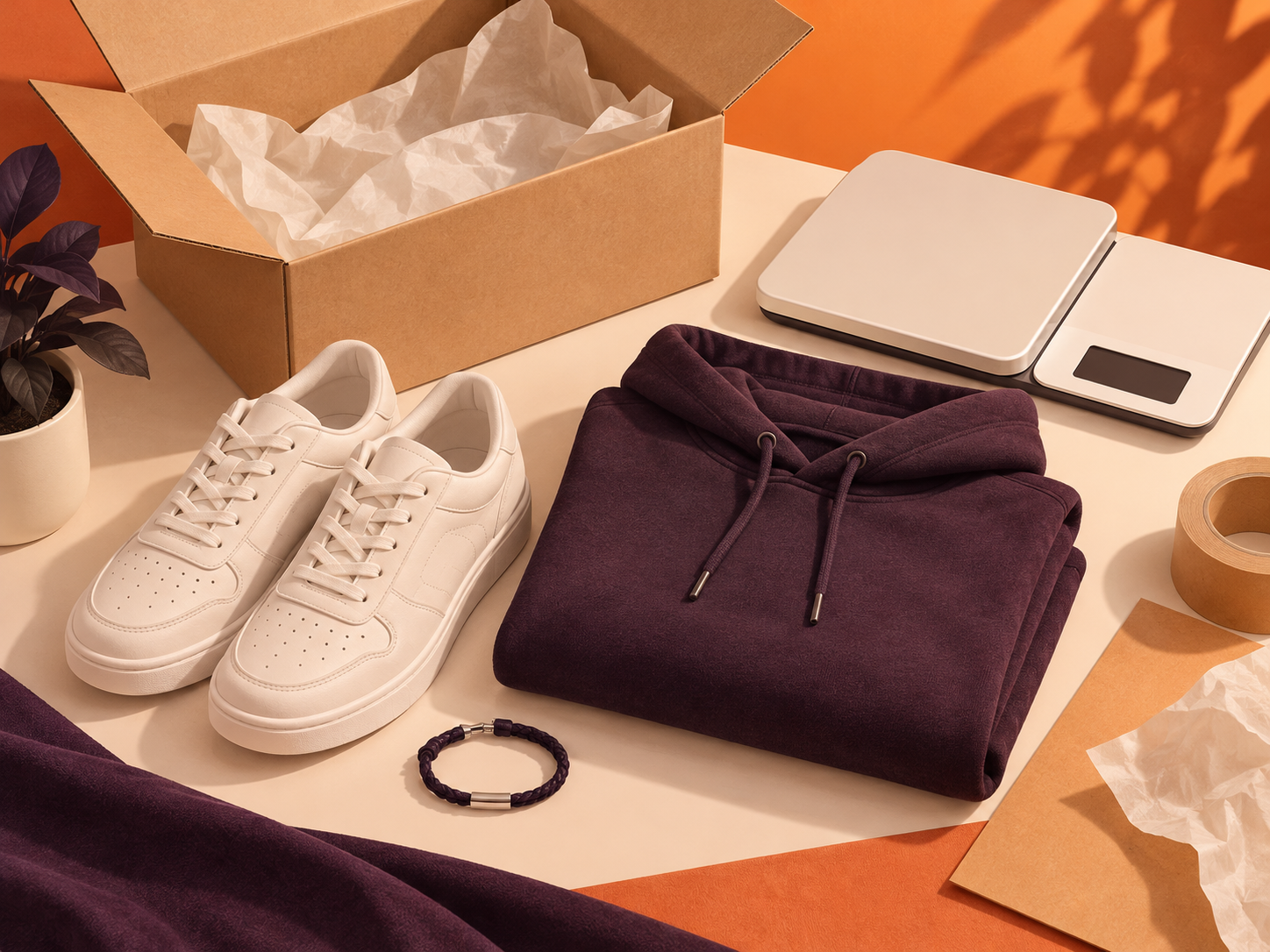 Editorial illustration of a parcel, sneakers, hoodie and scale; not a photo from the Reddit post