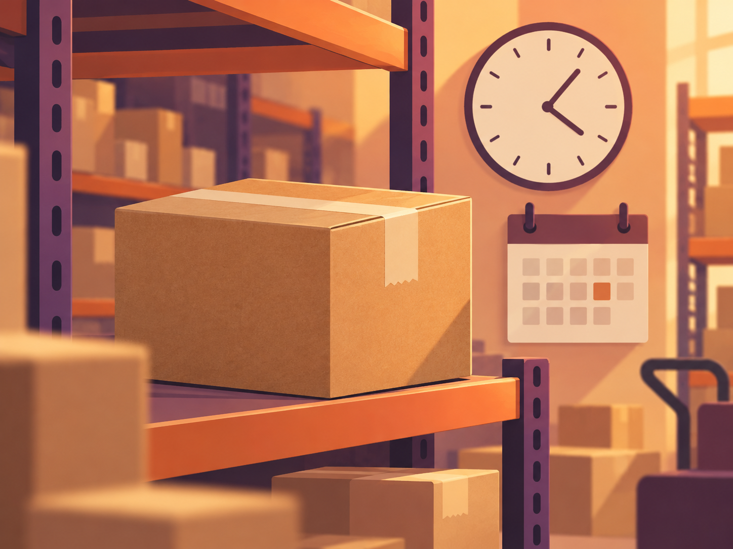 Editorial illustration of a package waiting on a warehouse shelf; not a photo from the Reddit post